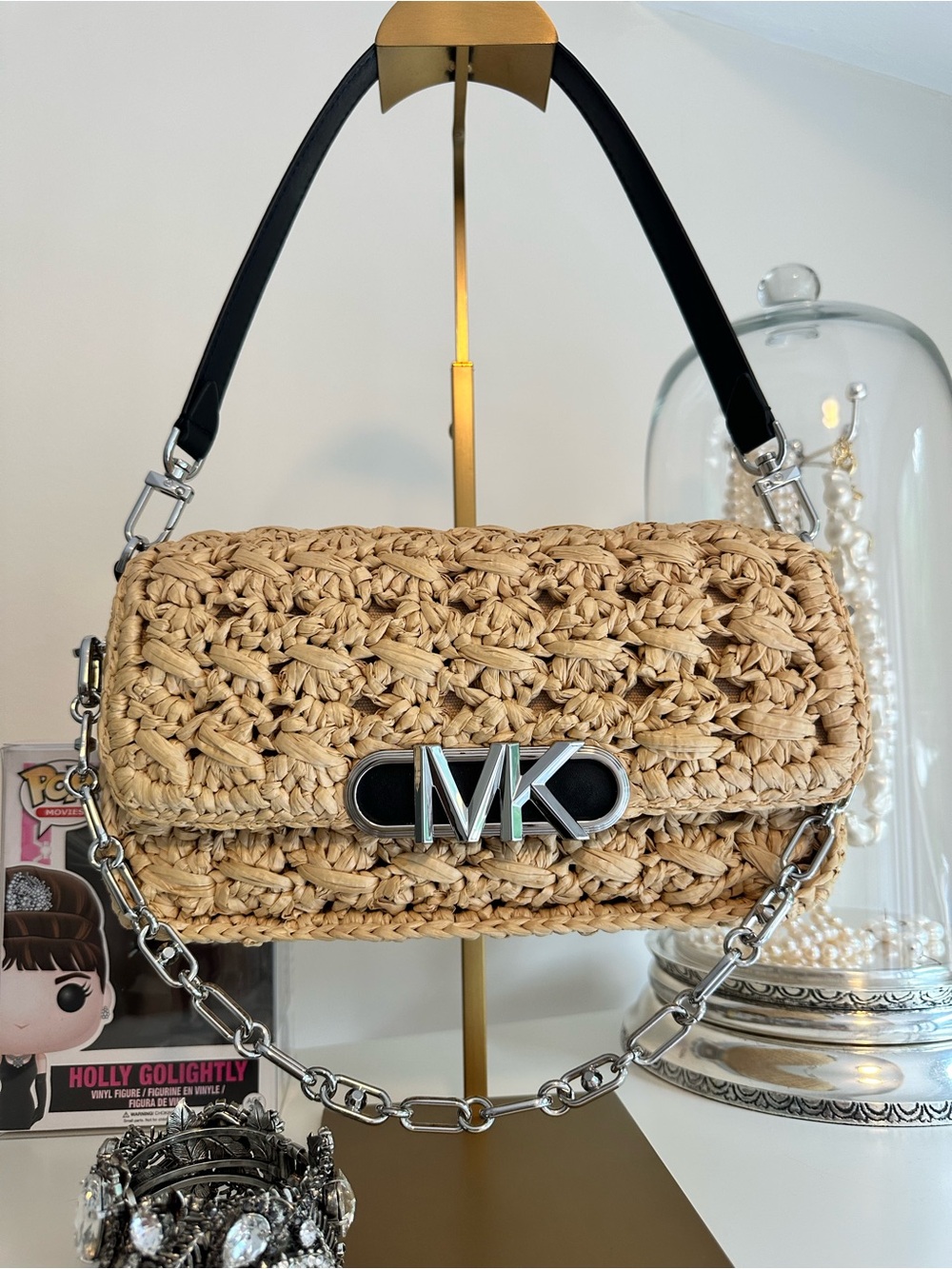 Michael Kors Beige Woven Straw Shoulder Bag with MK Logo Plaque